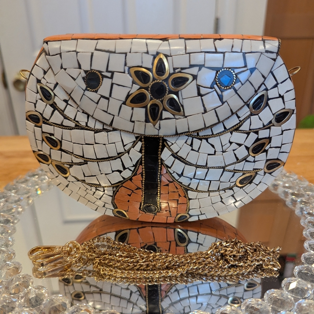 RAMLA Artisan Mosaic Clutch with Gold Chain NWOT